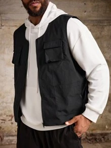 Manfinity Roughcore Plus Size Men's Plain Summer Utility Pockets Zippered Front Casual Outdoor Windbreaker Vest , Black - Black - View 5