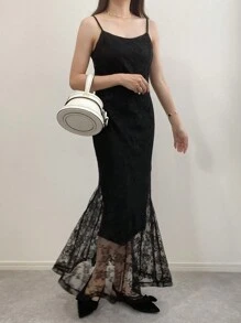 FRIFUL 2pcs Women's Plain Peter Pan Collar Sheer Long Sleeve Top & Lace Trim Slip Dress Set,Ruffle - Black - View 7