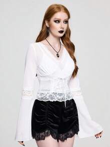 ROMWE Goth Sexy V-Neck Contrast Lace Bell Sleeve Blouse - White - View 3
