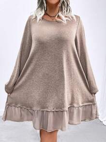 SHEIN LUNE Plus Size Women Spring Summer Solid Color Crew Neck Long Sleeve Loose Ruffle Hem Casual Dress - Pink - View 4