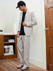 Manfinity VCAY 2pcs Men Loose Fit Casual Solid Color Long Sleeve Cardigan Jacket And Elastic Waist Straight Pants Suit