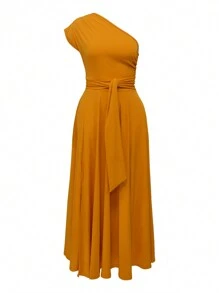 女士纯色不对称肩部鸡尾酒礼服，夏季