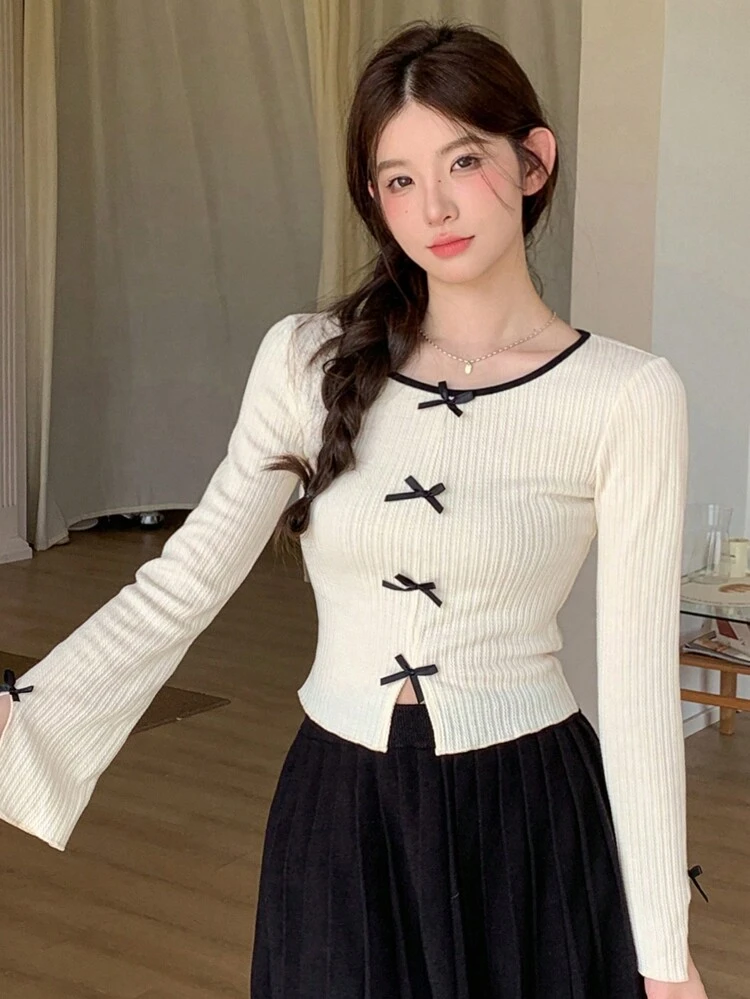 Women's Casual Round Neck Long Sleeve Tee With Bow Decor And Slit Hem, Spring Summer