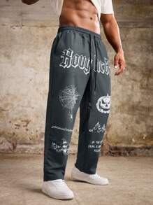 Manfinity LEGND Plus Size Men's Drawstring Letter & Halloween Element Casual Pants
