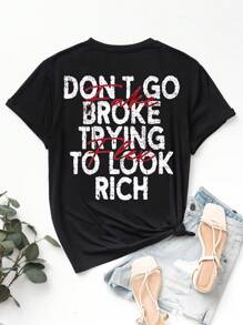 Glimmora 女式口号图案圆领短袖休闲 T 恤，夏季上衣图案 T 恤女式上衣 - 黑色 - 查看 2