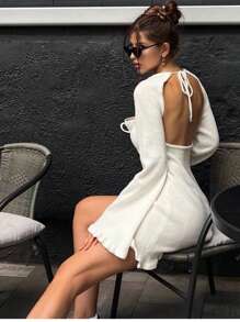 INAWLY Women Lace-Up Backless Long Sleeve Sweater Dress Spring Summer - White - View 3