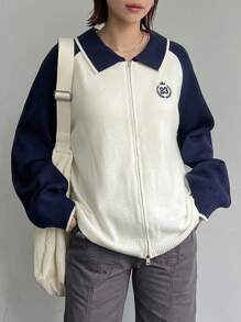 FRIFUL 女式字母印花拼色长袖拉链休闲开衫，秋冬