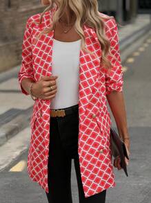 SHEIN Clasi All Over Print Double Buttons Blazer - Red - View 3