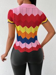 SHEIN Lady 彩虹条纹短袖女式毛衣 2024 秋季服装女式上衣 - 彩色 - 查看 2