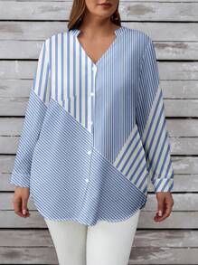 SHEIN LUNE Plus Size Women's Casual V-Neck Blue & White Stripe Button Down Long Sleeve Shirt, Suitable For Autumn - Blue and White - View 4