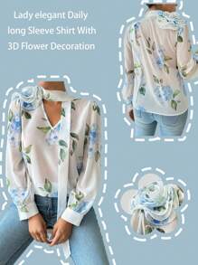 SHEIN Clasi Women's Elegant 3D Floral Decor Choker Collar Long Sleeve Blouse Fall Cloth For Women - White - View 1