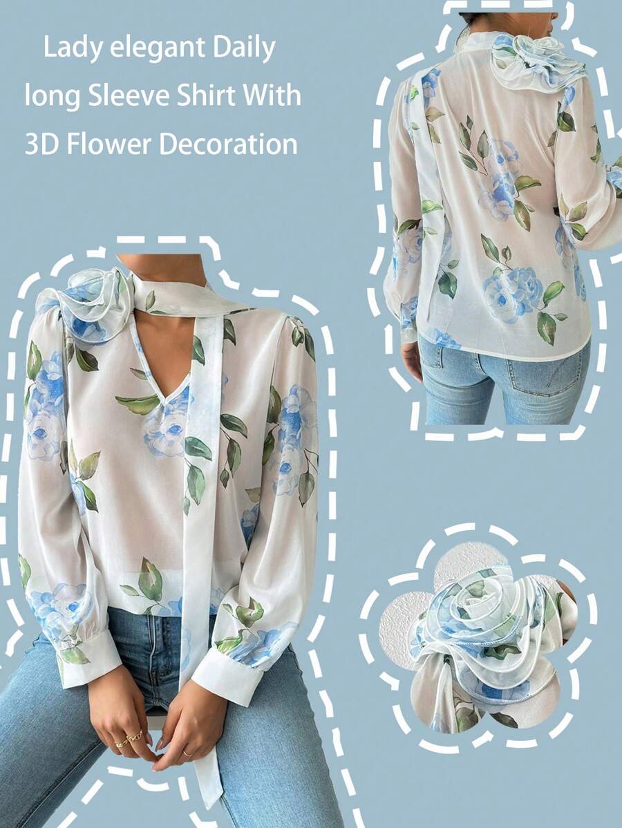 SHEIN Clasi Women's Elegant 3D Floral Decor Choker Collar Long Sleeve Blouse Fall Cloth For Women - White - View 1