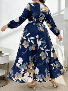 Lacomfia Gaun Panjang Bermotif Bunga Ukuran Besar dengan Sabuk, Gaun Maxi Wanita Motif Acak, Pakaian Musim Gugur untuk Wanita - Navy Blue - View 2