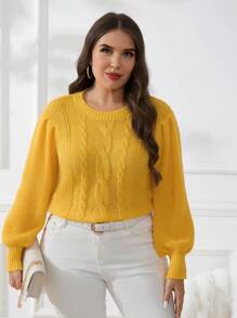 CosyJoli Suéter de punto de jacquard amarillo de manga farol, de cuello redondo y manga larga, elegante estilo universitario, para invierno. Suéter de invierno para adolescentes