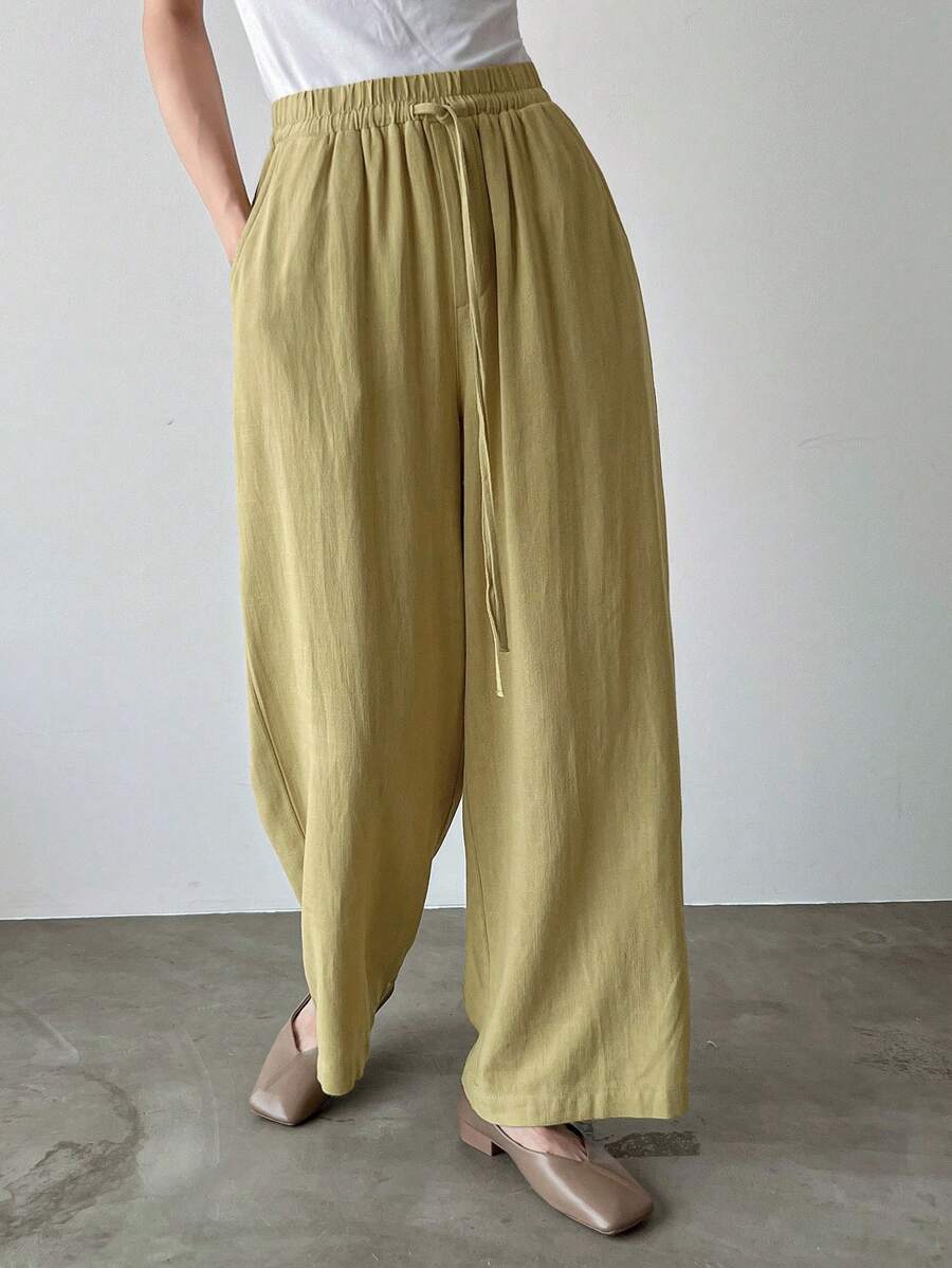 FRIFUL Women's Solid Color Drawstring Pocket Casual Pants Linen - Yellow - View 1