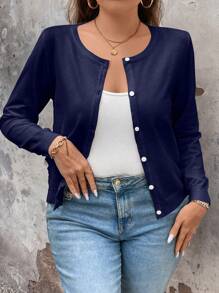 Plus Size Plain Button Front Long Sleeve Casual Jacket, For Winter Fall Cloth For Women - Blue - View 6