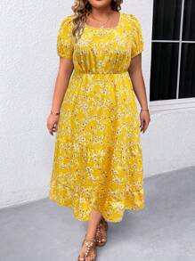 SHEIN LUNE 大码休闲花卉泡泡袖迷你连衣裙 - 黃色 - 查看 1