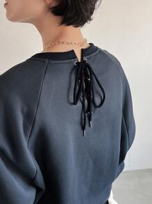 Women's Loose Fit Solid Color Fleece Pullover With Drawstring Back,Fall Women Clothes Sweatshirt,Winter - Blue - View 2