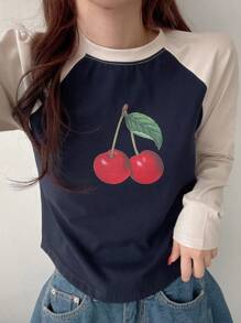 DAZY Áo thun nữ dài tay in hình quả anh đào Colorblock - Màu xanh hải quân - Xem 7