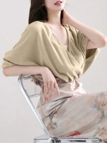 DAZY Women Solid Color Hemline Waist Fitted Short T-Shirt - Khaki - View 7