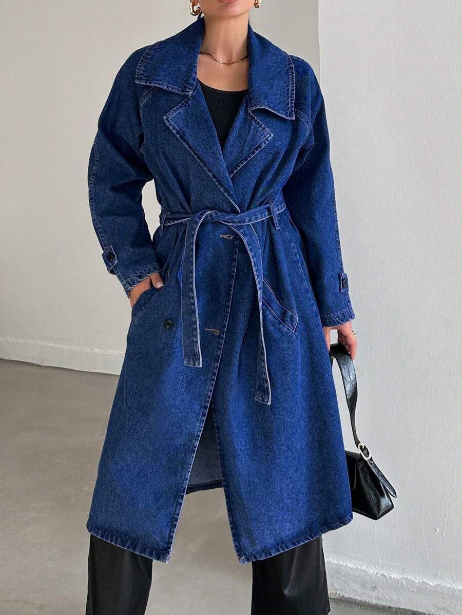 RueChic Lapel Neck Raglan Sleeve Belted Denim Coat - Blue - View 1