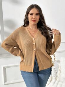 SHEIN Frenchy 大码女士秋季毛衣、老款、女士秋装、秋装、纯色落肩长袖宽松休闲开衫、秋冬