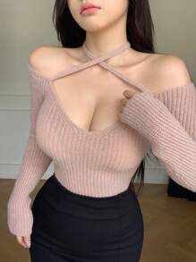 DAZY 交叉细肩带短款针织毛衣上衣，粉色，女士，秋冬 - 卡其色 - 查看 1