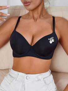 Women's Comfortable Seamless Bra With Letter & Strawberry Print , Black - Black - View 4