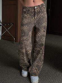 DAZY Women's Leopard Print Loose Wide Leg Autumn Jeans,Ladies Casual Pocket,Zipper Natural Wide Leg Long Brown Baggy Loose Women Jeans,Spring/Fall,Casual Daily Wear - Brown - View 7