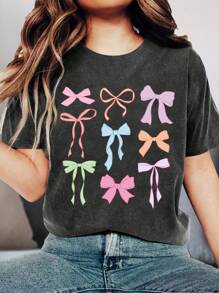 SHEIN LUNE Áo thun tay ngắn in hình nơ cỡ lớn cho nữ - Màu xám đen - Xem 3