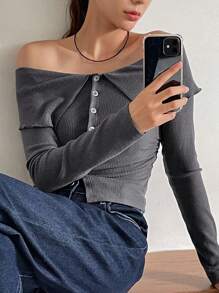 DAZY Women's Solid Color Off-Shoulder Buttoned Collared T-Shirt, Casual Daily Wear