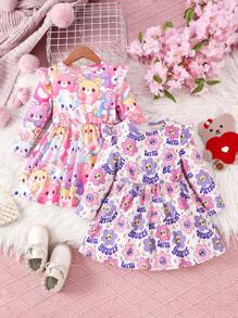 2 pièces/set Robe à imprimé de bande dessinée amusante pour bébé filles et tenue décontractée assortie pour sœur, automne/hiver