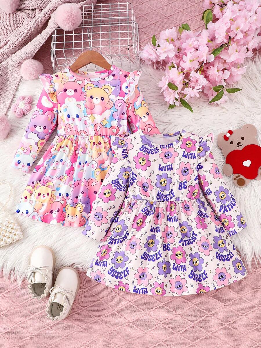 2 pièces/set Robe à imprimé de bande dessinée amusante pour bébé filles et tenue décontractée assortie pour sœur, automne/hiver