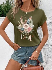 SHEIN LUNE 休闲花卉羽毛心形印花修身圆领女式 T 恤，适合夏季