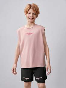 SHEIN Tween Boy Knitted Solid Color Letter Print Vest And Anti-Walk Shorts Sports Set - Multicolor - View 3