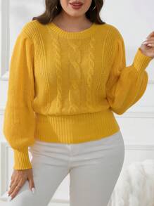 CosyJoli Suéter de punto de jacquard amarillo de manga farol, de cuello redondo y manga larga, elegante estilo universitario, para invierno. Suéter de invierno para adolescentes
