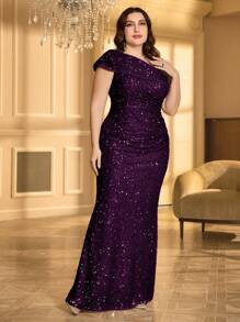 UNITHORSE Đầm dạ hội cỡ lớn đính sequin xếp ly cổ bất đối xứng, thích hợp dự tiệc, đám cưới, dạ tiệc, cô dâu, sinh nhật, lễ phục tốt nghiệp. - Màu tím - Xem 5
