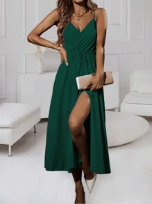 Chiquease 夏季實色包裹式拼接針織背心裙 - 墨綠色 - 查看 4