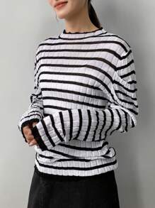 FRIFUL Suéter casual, cómodo y holgado con diseño de rayas, cuello alto y manga larga para mujer, ropa de otoño - Blanco y Negro - Ver 3