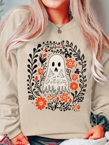 INAWLY 女士花卉植物印花落肩圆领长袖休闲卫衣，春秋季套头衫 - 杏色 - 查看 1