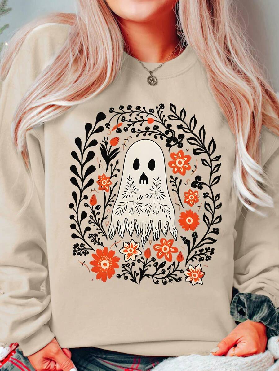 INAWLY 女士花卉植物印花落肩圆领长袖休闲卫衣，春秋季套头衫 - 杏色 - 查看 1