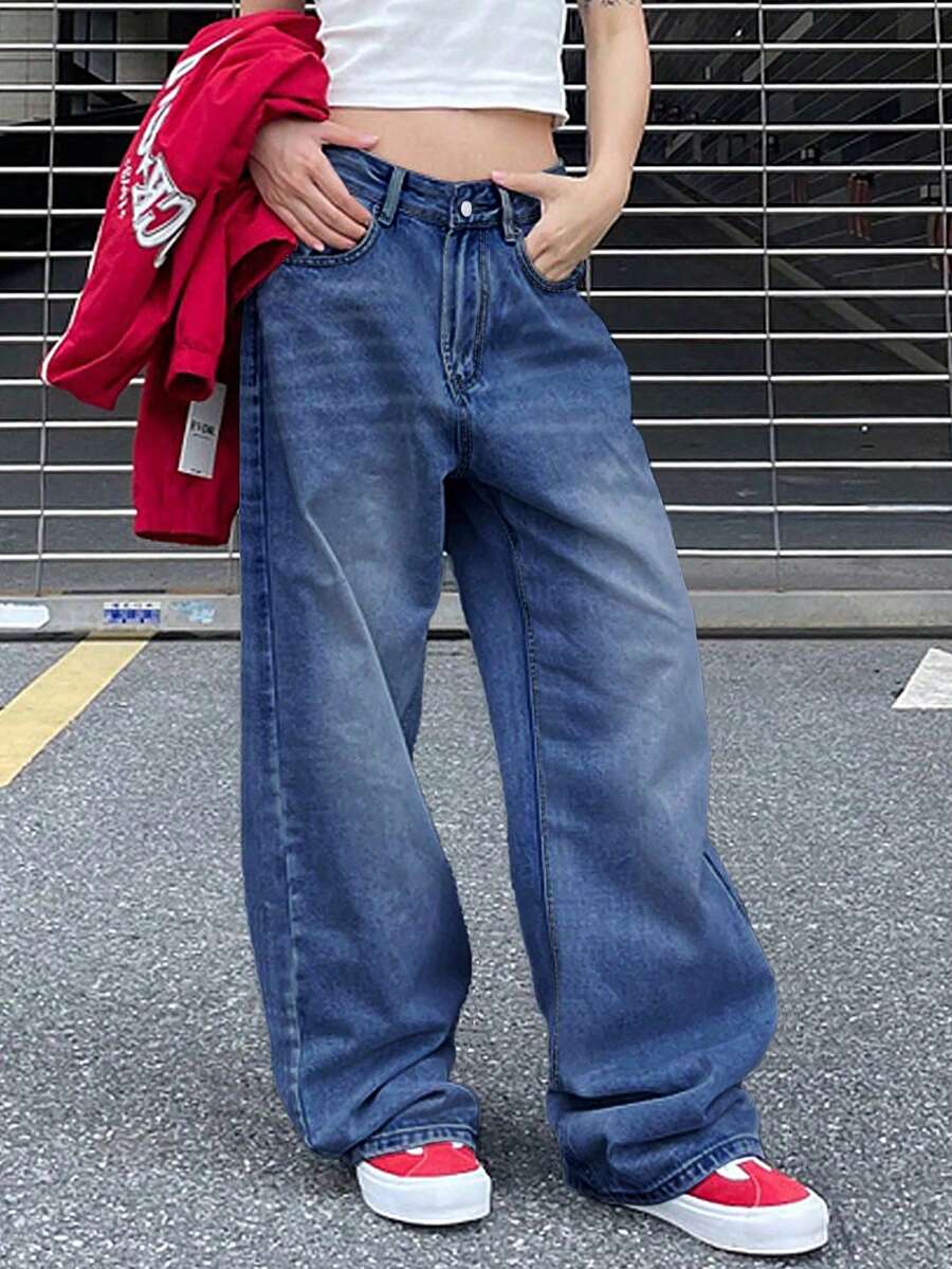 女式宽腿宽松休闲百搭牛仔裤,带口袋 - 中等水洗藍 - 查看 1