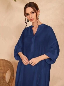 Mulvari Cổ có Lỗ hổng Viền chia cắt Áo sơ mi - Màu xanh hải quân - Xem 3