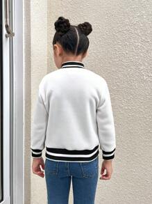 SHEIN Explorewe Girls Casual Stylish Street Wear White Baseball Jacket With Fleece Material, Red Simple Fashion English Letter Printed Cardigan, Autumn Season - White - View 2
