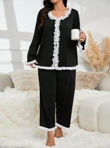 Bộ chắp vá ren khối cảm ứng mềm mại thông thường - màu đen - Xem 5