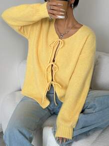 EMERY ROSE Women's Round Neck Soft & Sweet Casual Front Tie Design Long Sleeve Cardigan,Long Sleeve Tops Fall Winter Cloth For Women - Yellow - View 6