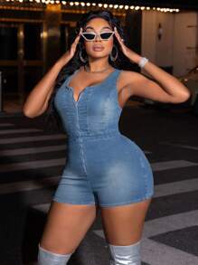 SHEIN SXY 大码牛仔连体衣蓝色紧身弹力连体裤 Y2K 时尚派对秋装工装裤万圣节服装女式紧身裤 - 淺色水洗藍 - 查看 3