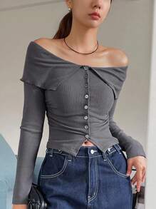 DAZY Women's Solid Color Off-Shoulder Buttoned Collared T-Shirt, Casual Daily Wear