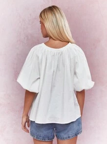 MISSGUIDED Ruched Neck Balloon Short Sleeves Top - White - View 2