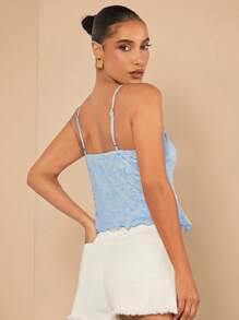 L'Amorae Lace Trim Overlay Tie Cami Crop Top - Blue - View 2